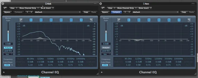 boost and cut when mixing kick and bass to create pockets for each instrument