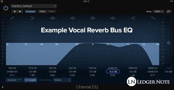 an example reverb equalization applied on the reverb bus with a parametric equalizer plugin on a digital audio workstation