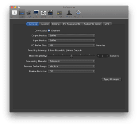 Logic Pro X sound settings - make sure you're choosing your audio interface as the input and output source