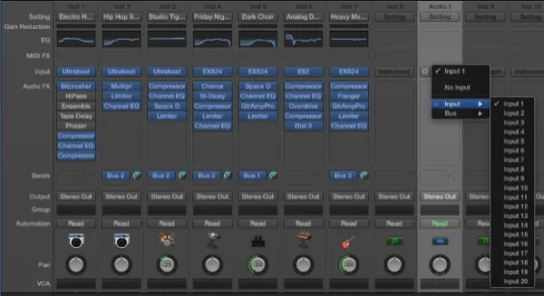 audio input selection on multitrack mixer