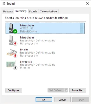 windows sound settings to select audio interface as the input and output source