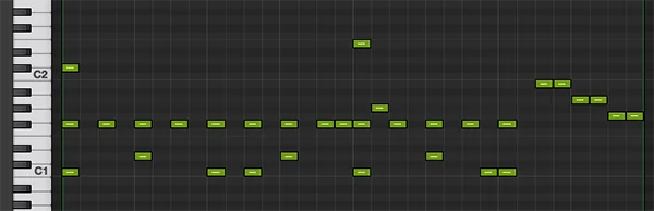 simple drum pattern on a MIDI piano roll on Logic Pro