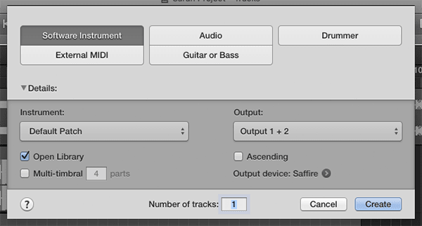 MIDI track options, including software instrument, external midi, guitar or bass, or drummer on Logic Pro X