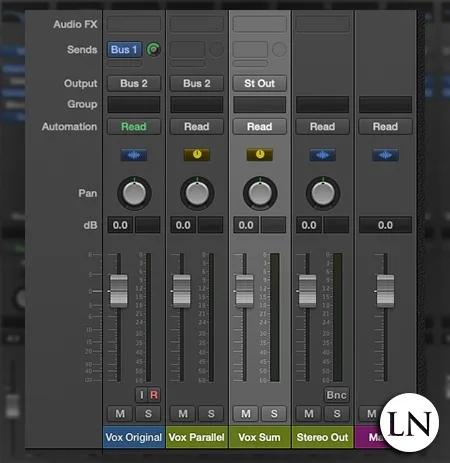 create vocal summing bus to take output from original track and the parallel compression bus